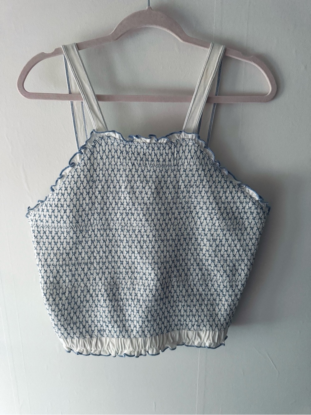 Anthropologie Smocked White and Blue Cropped Tank Top - Picture 4 of 8